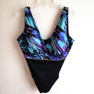 Longitude One Piece Swimsuit Womens Size 14 v neck Blue Black Gold